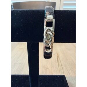 Made in Italy Knot Bangle Bracelet Black Leather Croc Overlay Silver Tone